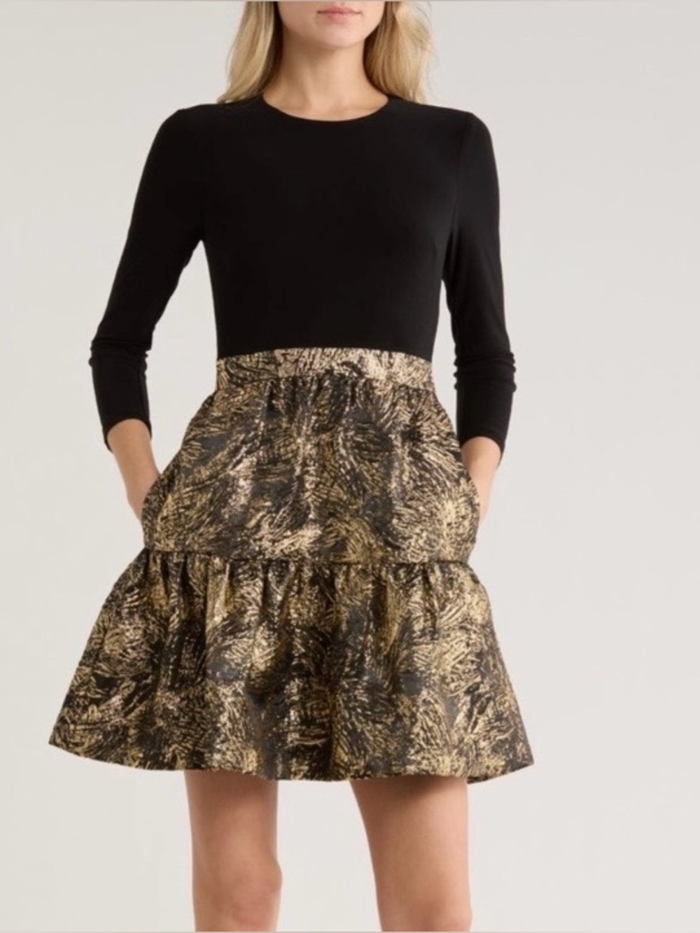 Eliza J Fit Flare Party/Prom Dress Black Gold Jacquard  SIZE 8 NWT long sleeve